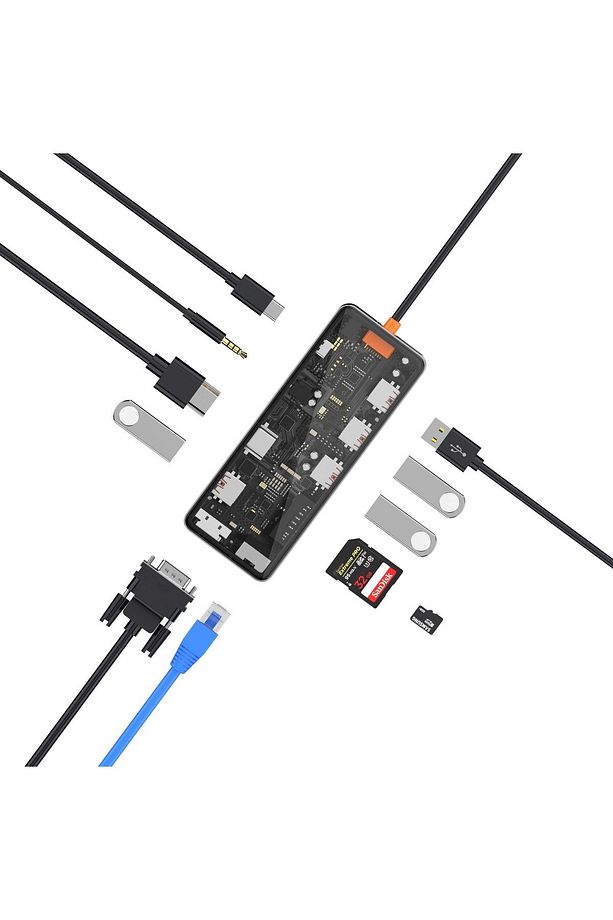 CB011 Cyber 11 in 1 Type-C Hub 100W Şarj Destekli Şeffaf SD Kart-RJ45-Hdmi-VGA-Usb Çoğaltıcı - 2