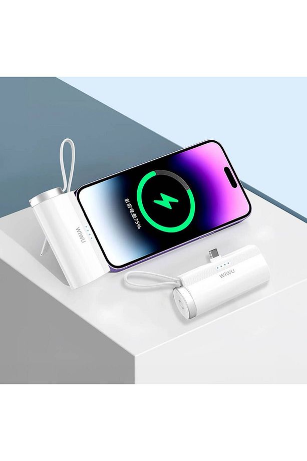 Mini Powerbank Type-C PD Wiwu Wi-W026 Capsule Serisi 2in1 Taşınabilir Standlı Askılı 5000mAh Beyaz - 3