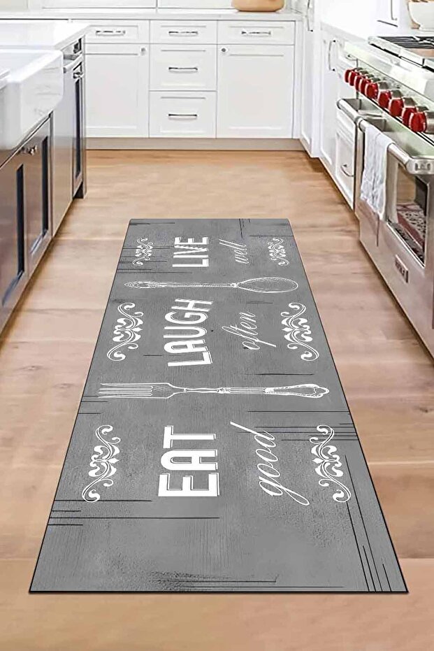 Ye Gül Yaşa Gri Desenli Tezgah Önü Kaymaz Taban Yıkanabilir Yolluk Mutfak Halısı - 3