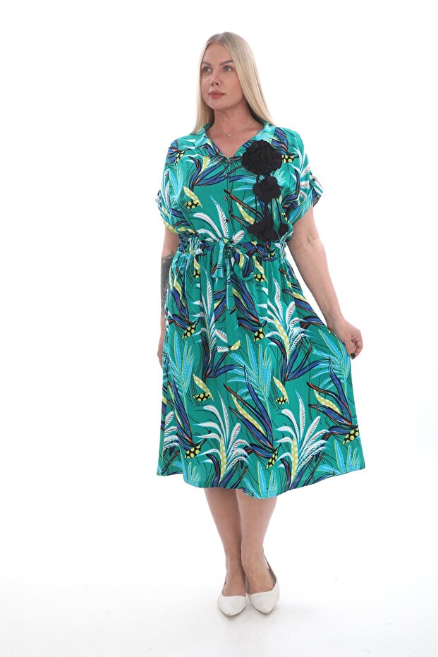 X Modapo Women's Buttoned Floral Print Belted Viscose Plus Size Summer Dress