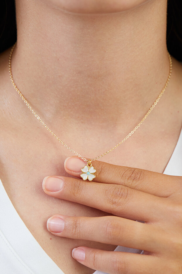 Sedef Görünümlü Yonca Model Gold Kolye - 2