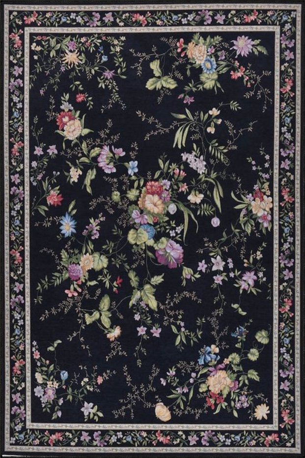 Black Botanical Pattern Woven Base Carpet and Washable Carpet Miravip10490