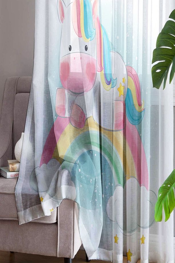 Renkli Gök Kuşağı Unicorn Desenli Dekoratif Çocuk Bebek Odası Tek Kanat Tül Perde - 3