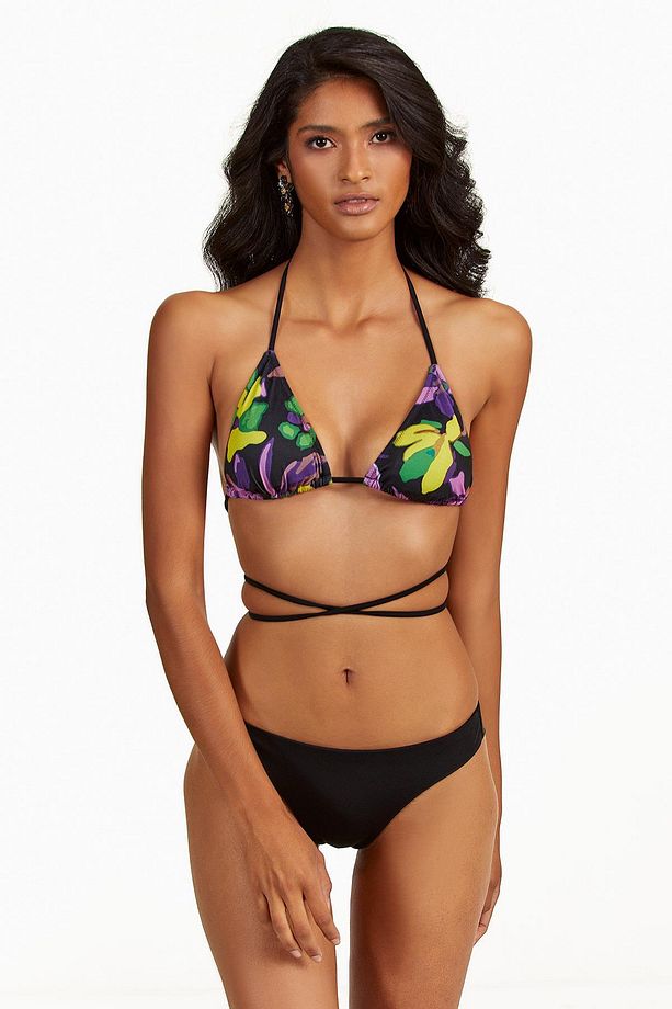 Siyah Çiçek Desenli Brazillian Üçgen Bikini - 2