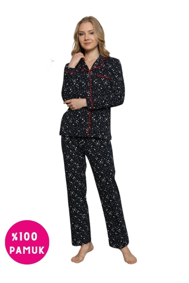 Women's Navy Blue Red Piped Star Shirt Collar Front Button Long Sleeve Seasonal Cotton Pajama Set