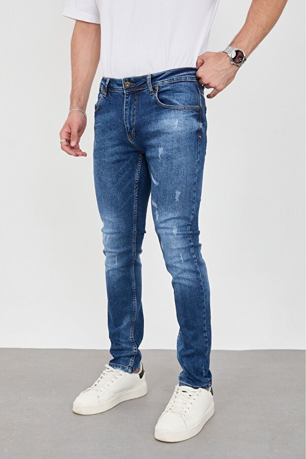 Men's Blue Slim Fit Lycra Jean Trousers - Frayed