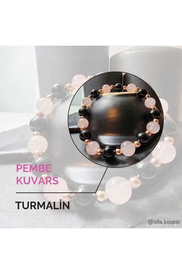 Pink Quartz and Black Tourmaline Natural Stone - Women's Bracelet, Love Love and Protection