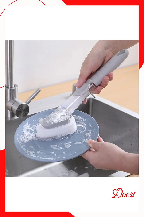 Deterjan hazneli Saplı Bulaşık Fırçası sert süngerli  Fırça Banyo Fırçası 2 adet yedek Sünger+fırça - 3