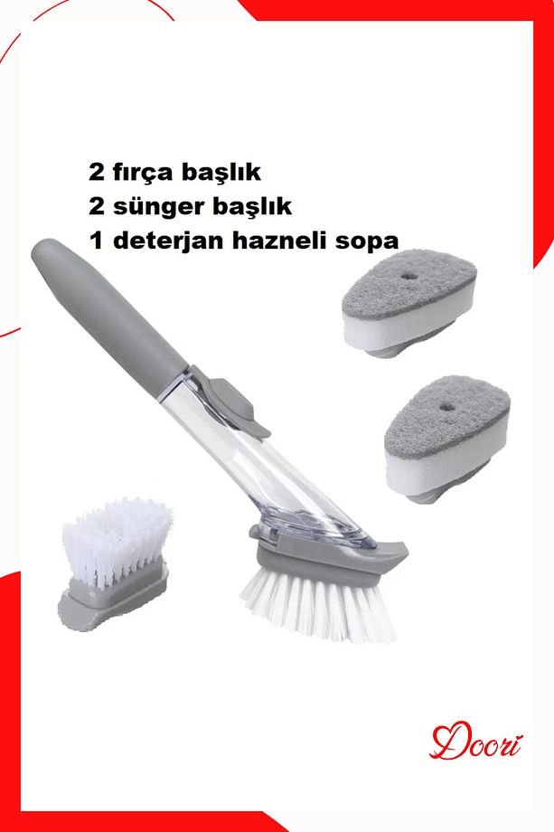 Deterjan hazneli Saplı Bulaşık Fırçası sert süngerli  Fırça Banyo Fırçası 2 adet yedek Sünger+fırça - 5