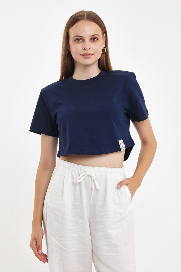 Bella Women's Navy Blue 100% Cotton Crew Neck Padded T-Shirt