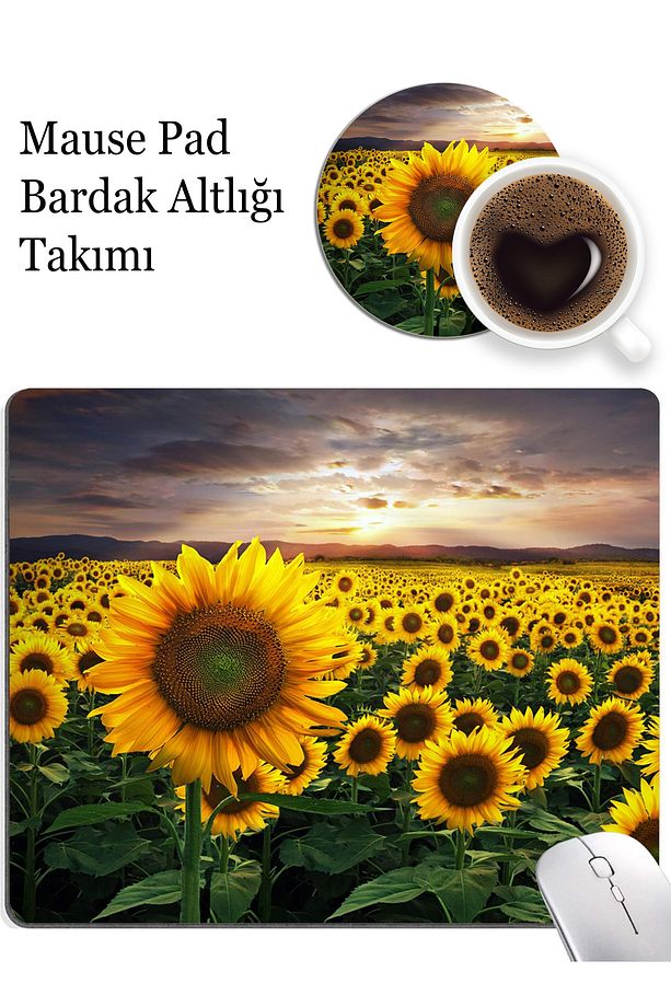 Mause Pad ve Bardak Altlığı Takımı . Ayçiçeği Desenli (Fare)Mause Pad ve Bardak Altlığı - 2