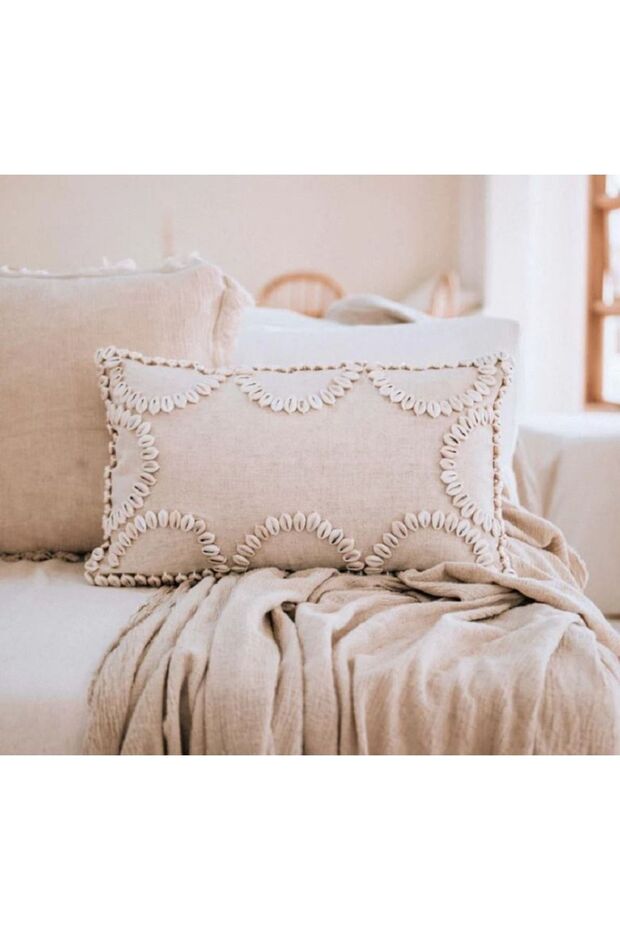 Linen Sea Shell Embroidered Bohemian Cream Handcrafted Pillow Throw Pillow Cover Summer Collection Semıcırcle