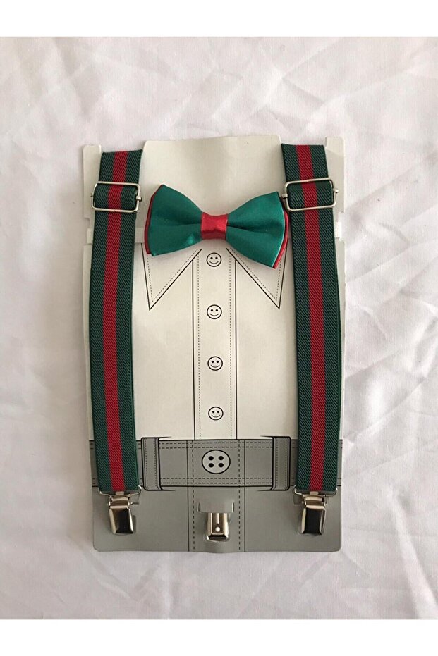 Red-Green Color Bow Tie Suspender Set Suitable for Ages 1-9