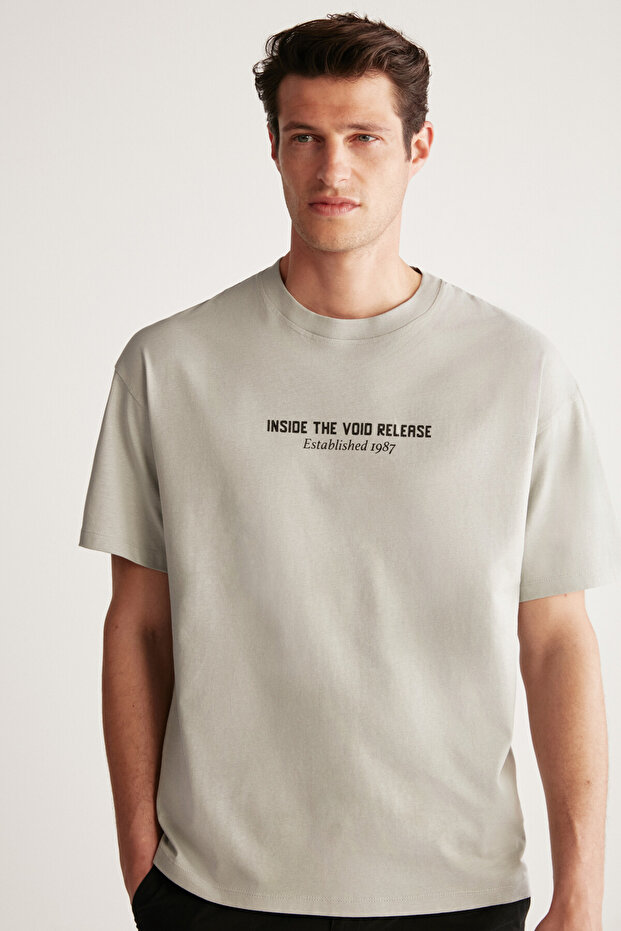 Bastıan Men's Oversize Fit 100% Cotton Thick Textured Printed Gray T-shirt