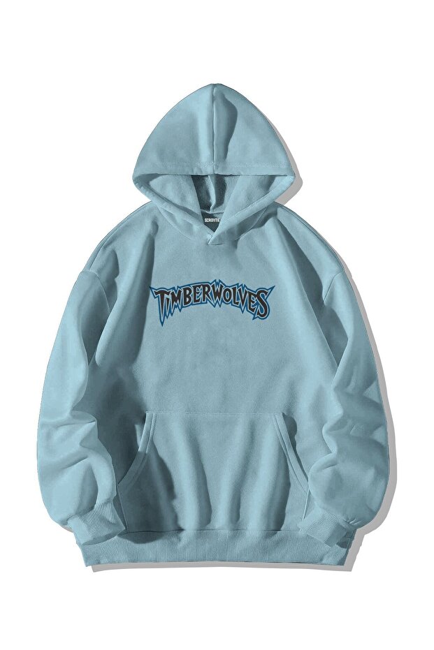 Baby Blue Unisex Oversize Hooded Timberwolves Printed Sweatshirt Hoodie with Kangaroo Pocket