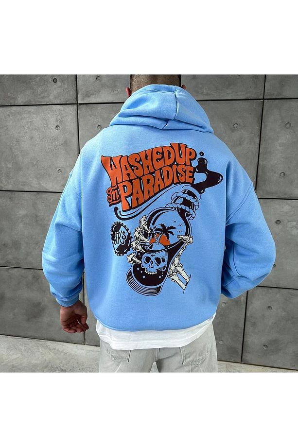 Bebe Mavisi Unisex Oversize Kapüşonlu Kanguru Cepli Washed Up In Paradise Baskılı Sweatshirt Hoodie - 3