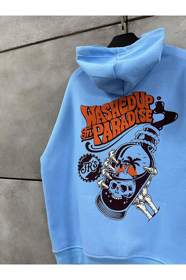 Bebe Mavisi Unisex Oversize Kapüşonlu Kanguru Cepli Washed Up In Paradise Baskılı Sweatshirt Hoodie - 6