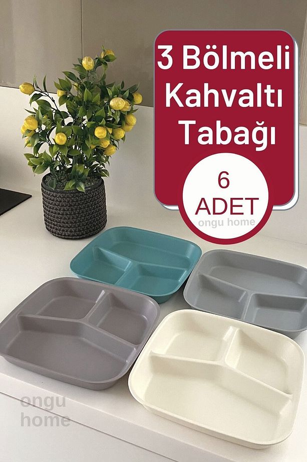 6 Adet Kahvaltı Tabağı Üç Bölmeli Tabak Mama Tabağı Tabldot - 1