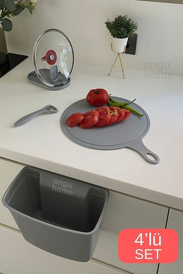 4 Parça Mutfak Seti (Askılı Çöp Kovası,Kesim Matı,Kapak ve Kaşık Tutucu,Şişe Açacak) Çeyiz Seti - 1