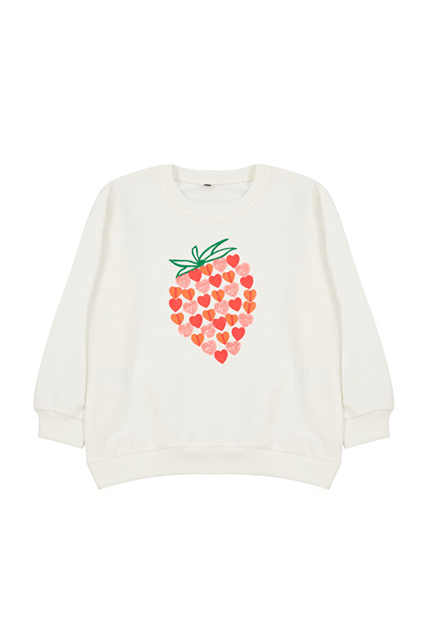 Ekru*001 Kız Çocuk Mevsimlik-İnce Çilek Desenli Örme Sweatshirt TKDAW25SW00001 - 1