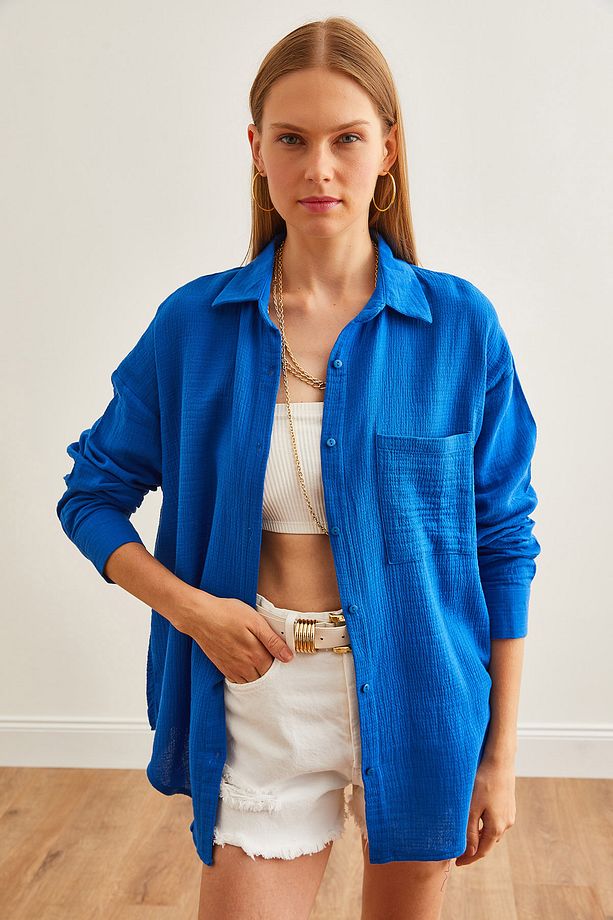 Kadın Saks Mavi Oversize Basic Müslin Gömlek GML-19001217 - 4