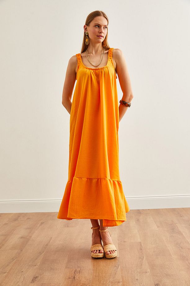 Kadın Sarı Askılı Oversize Maxi Dokuma Elbise ELB-19002235 - 4
