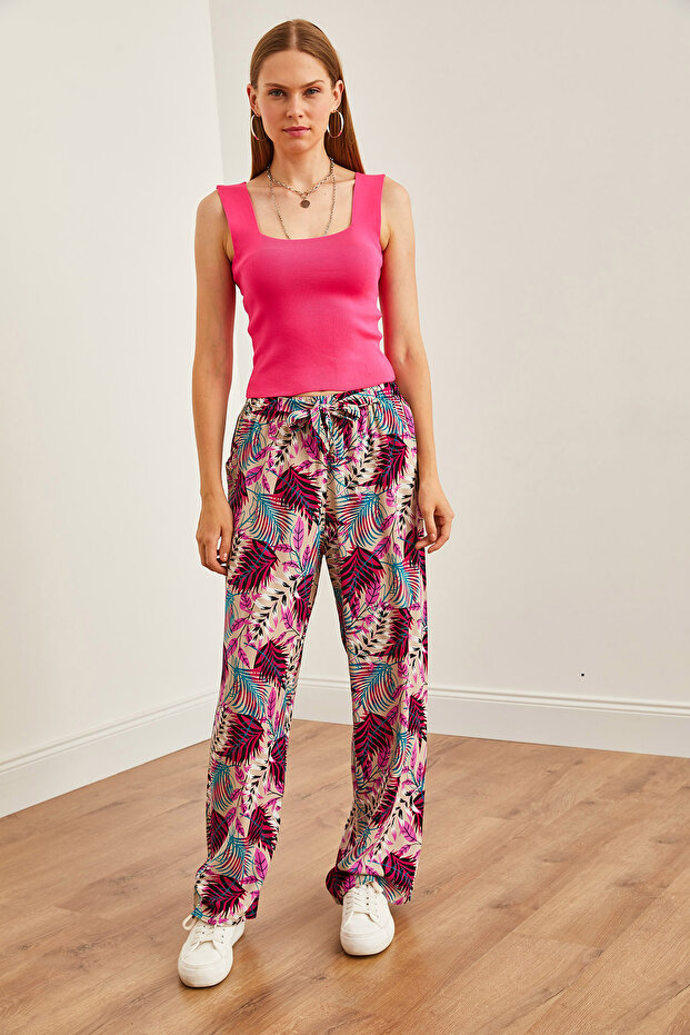 Rózsaszín mintás viszkóz Palazzo női nadrág - fűzős derék PNT-19000287 - 3