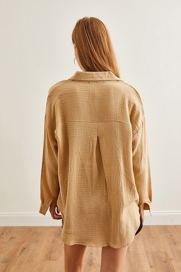 Kadın Camel Oversize Basic Müslin Gömlek GML-19001217 - 3