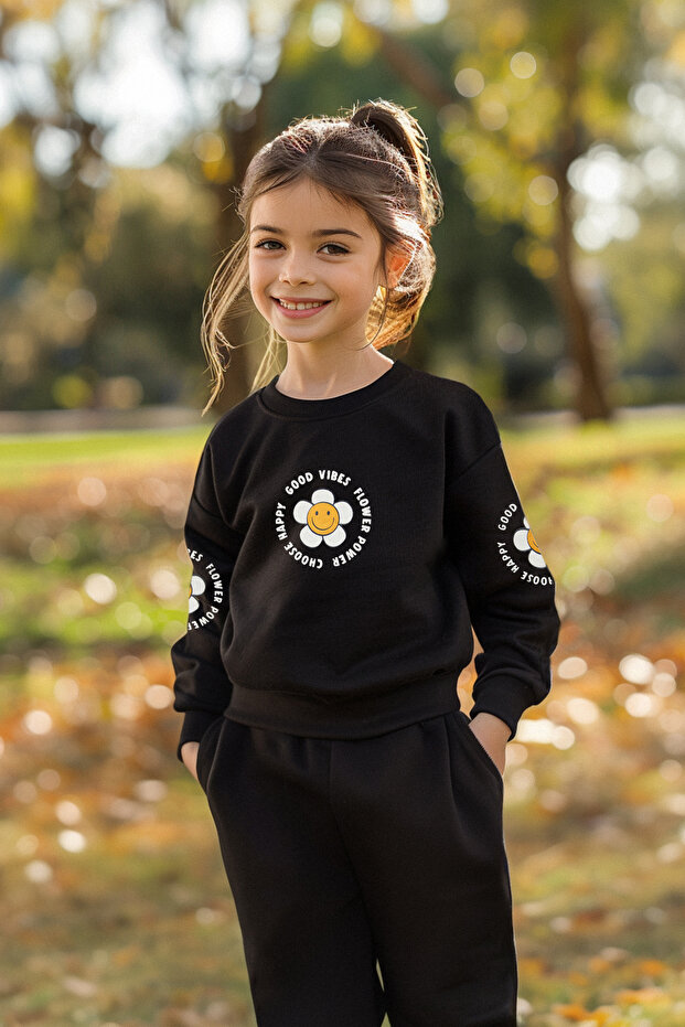 Siyah-1002 Kız Çocuk Mevsimlik-İnce Çiçek Desenli Örme Sweatshirt TKDAW25SW00001
