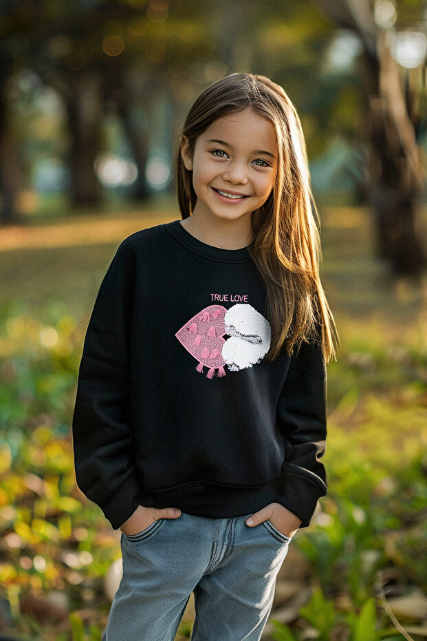 Siyah*001 Kız Çocuk Mevsimlik-İnce Kalp Desenli Örme Sweatshirt TKDAW25SW00001 - 1