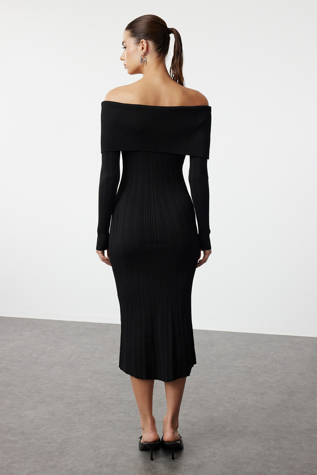 Černé midi úpletové šaty Basic Carmen s límečkem TWOAW25EL00033 - 5