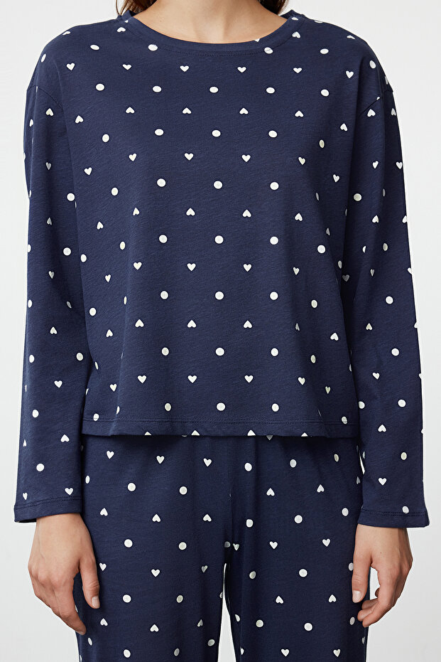 Lacivert %100 Pamuklu Puantiye ve Kalpli Örme Pijama Takımı THMAW25PT00039 - 4