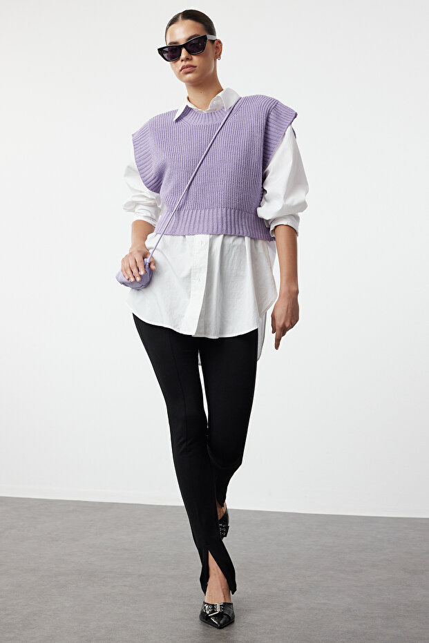 Lilac Crop Crew Neck Knitwear Sweater TWOAW24SV00005