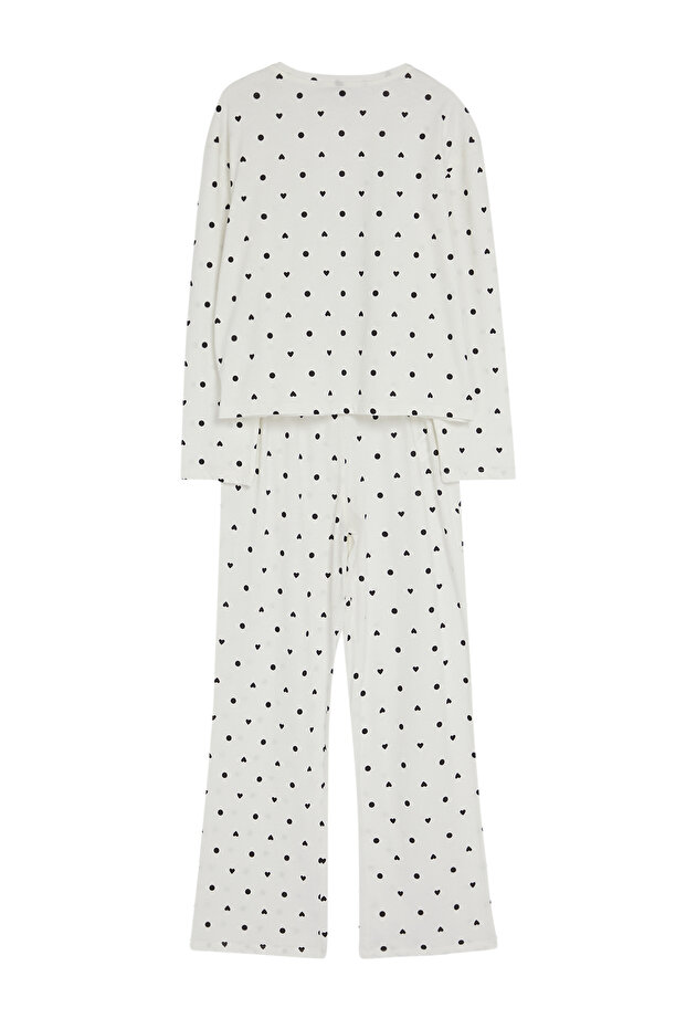 Beyaz %100 Pamuklu Puantiye ve Kalpli Örme Pijama Takımı THMAW25PT00039 - 8