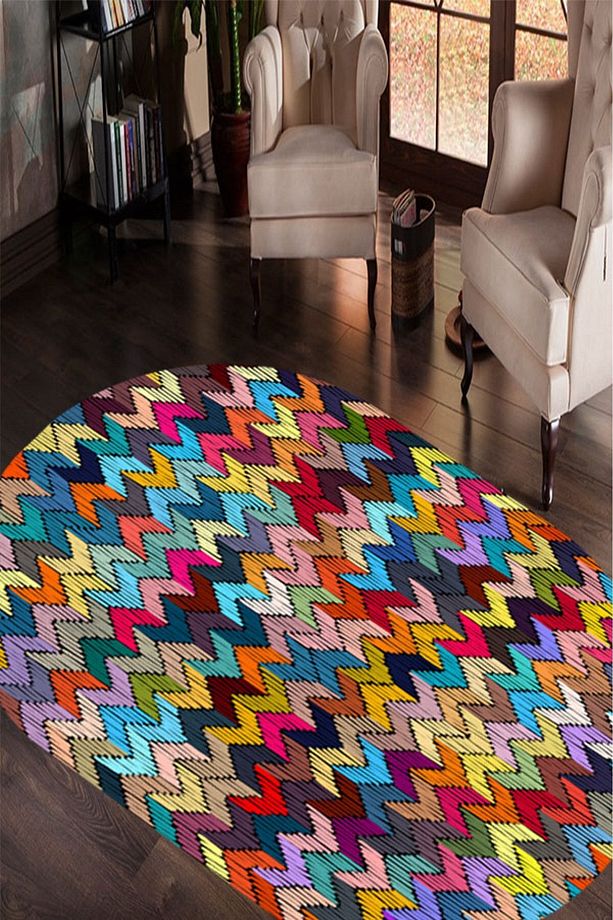 Renkli Eksitme Desenli Oval Mutfak Halısı (Makinede Yıkanabilir Kaymaz Deri Taban -wly006) - 3