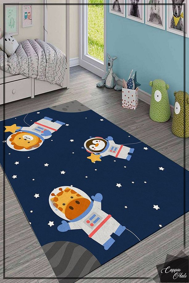 Eğlenceli Astronot Desenli Mavi Çocuk Odası Halısı (makinada Yıkanabilir Kaymaz Deri Taban) - Cp742 - 2