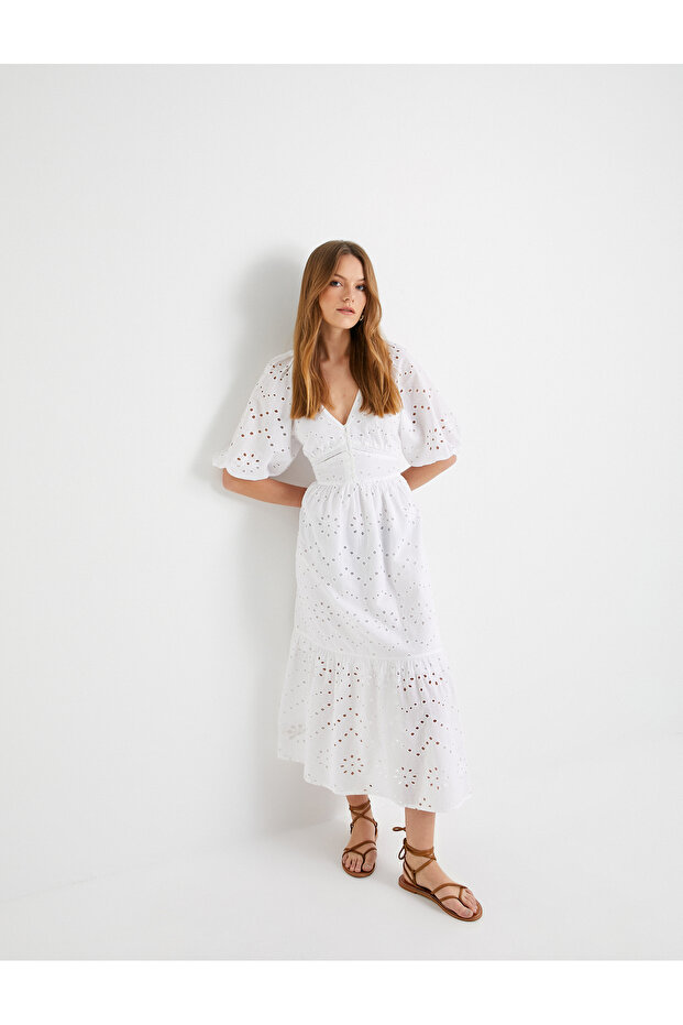 Long Scalloped Dress with Balloon Sleeves, Deep Neckline and Buttons