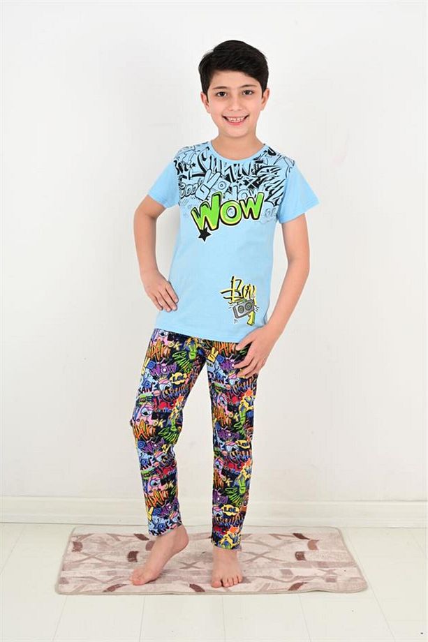Erkek Çocuk Kısa Kollu Pijama Takımı Wow Model Mavi - 1