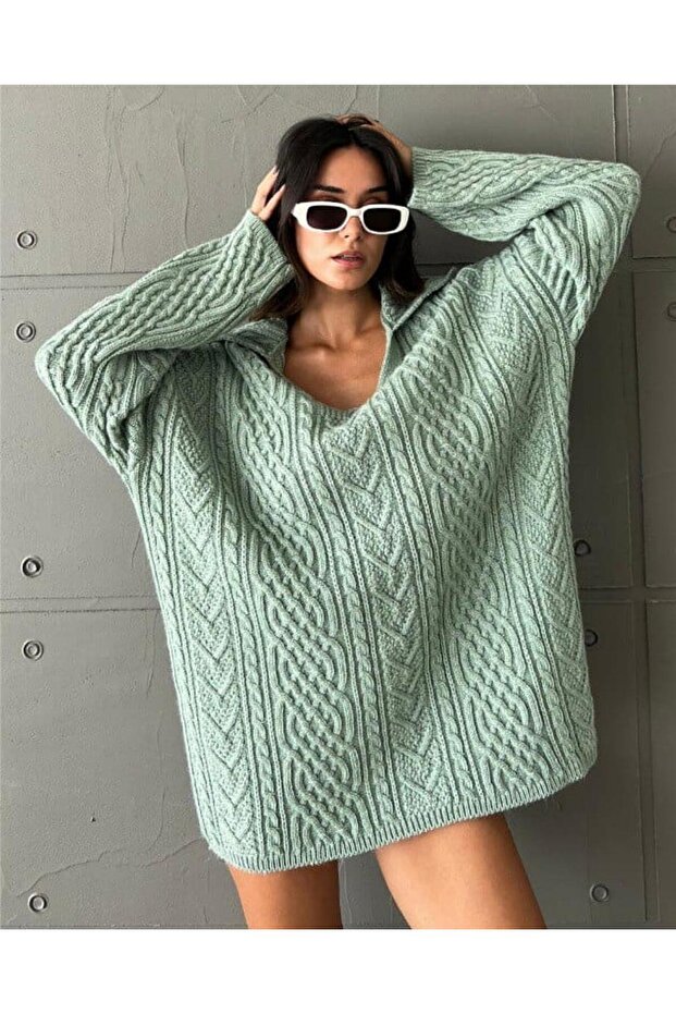 Knitted Sweater with Collar Collar Detail , Mint Green, Standard Size