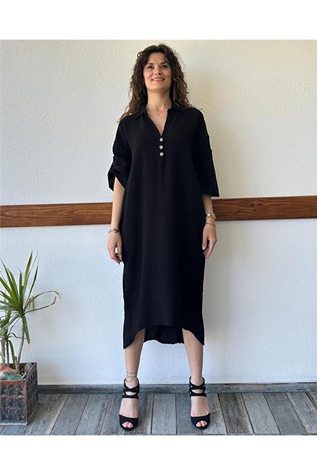 Short Sleeve Back Detailed Black Muslin Dress Std