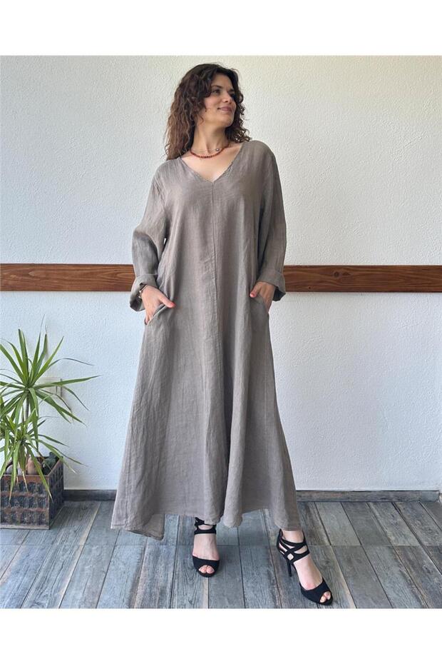 V-Neck Long Sleeve Earth Italian Linen Plus Size Dress