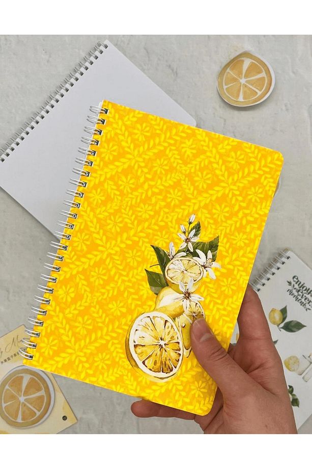 Çizgisiz Limon Çiçekli Spiralli Defter Tek Yaprak Stickerlı - 1
