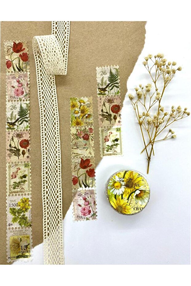 Pul Çiçekli Tek Tek Çıkartmalı 5m Sticker Washi Bant/Masking Tape/Desenli Bant/Bullet Journal - 1
