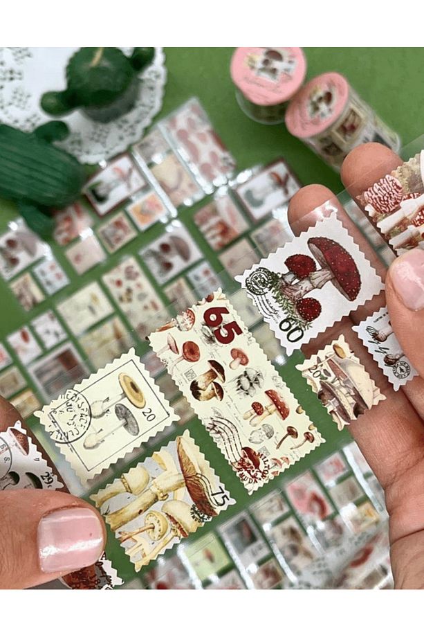 Mantar Temalı Tek Tek Çıkartmalı Pul Washi Bant / Sticker / Çıkartma/Bullet Journal/ Defter Süsleme - 2