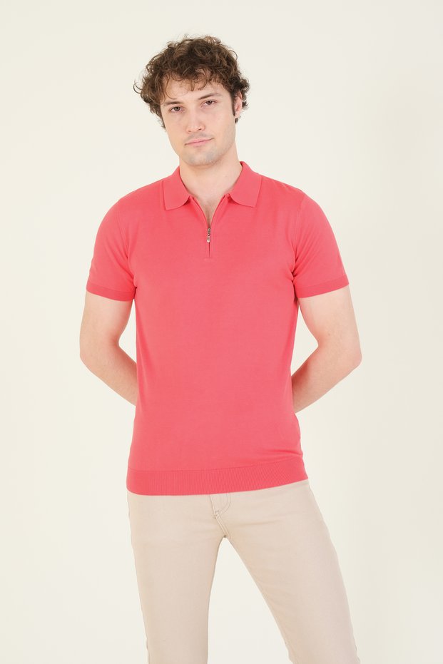 Coral Colored Men's Polo Collar Mercerized T-Shirt - Half Zipper