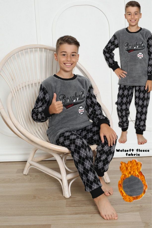 Gri Erkek Çocuk Polar Pijama Takımı Çocuk Kışlık Pijama Takımı Kalın Pijama - 1