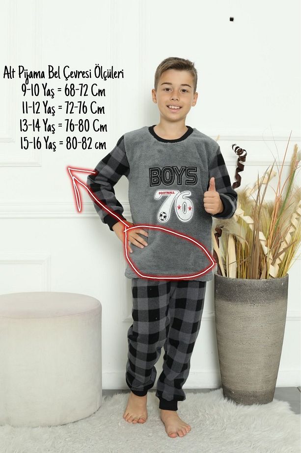Gri Erkek Çocuk Polar Pijama Takımı Çocuk Kışlık Pijama Takımı Kalın Pijama - 5