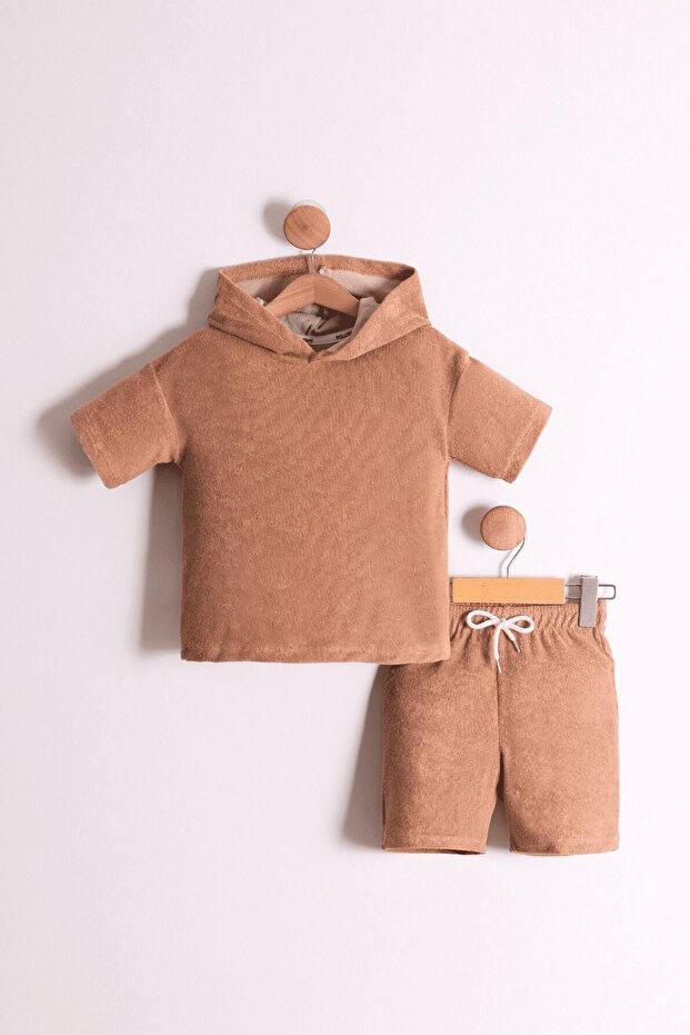 Boy's Hooded Towelling Fabric Brown T-Shirt - 2-Piece Set with Shorts