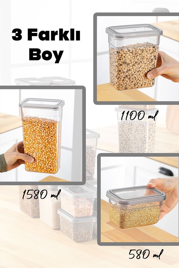 12'li Sızdırmaz Kapak Kaşıklı Saklama Kabı Seti - Etiketli Baharatlık - 4x(580 ml, 1100 ml, 1580 ml) - 3