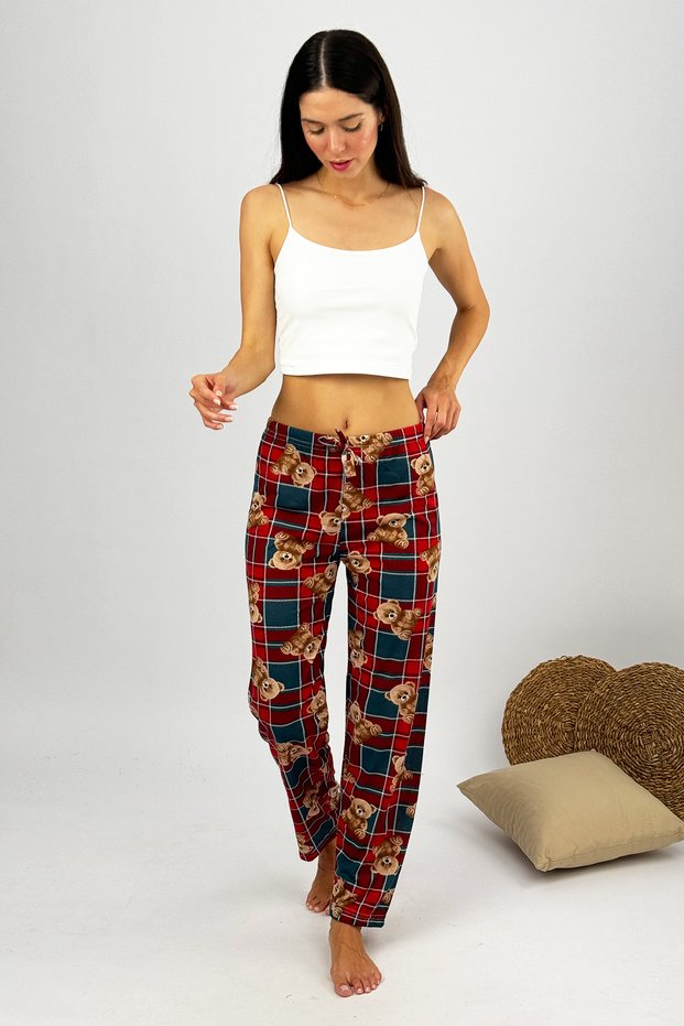 Women's 100% Cotton Breathable Fabric Elastic Waist Pattern Printed Sleepwear Green Red Square Bear